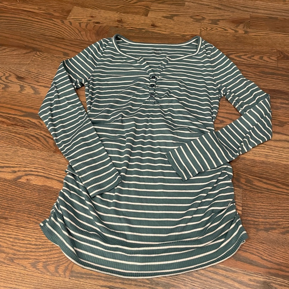 Motherhood Maternity Teal and White Striped Long Sleeve Nursing Top
